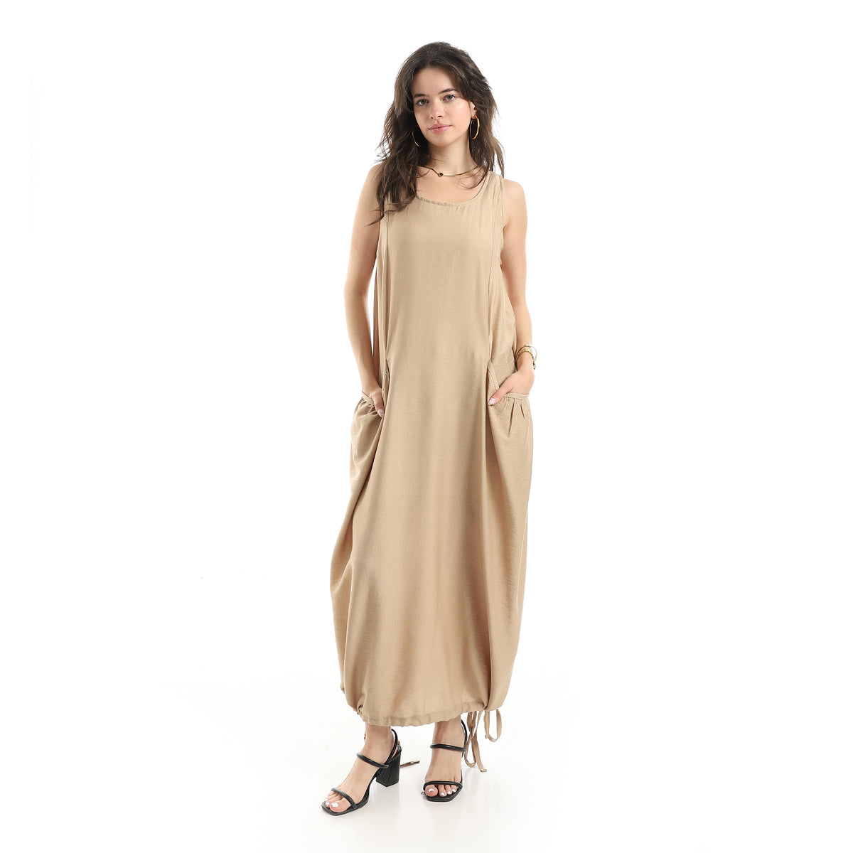 Sleeveless Barrel Dress - Biege View 1