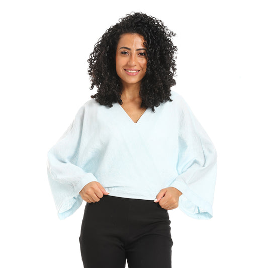 Long Sleeve lenin crossed blouse - Aqua View 1