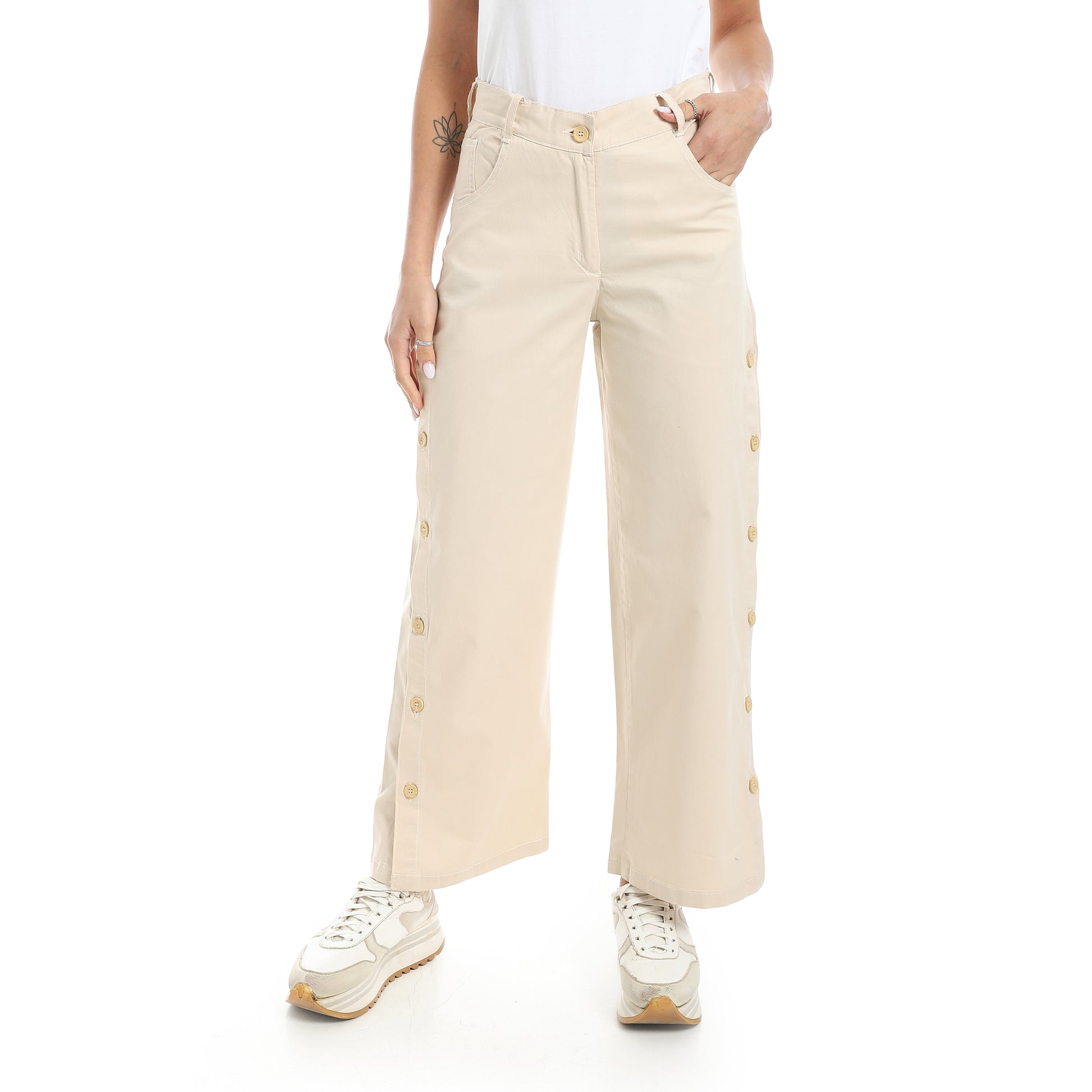 gabardine side buttoned leg pants - Biege View 1