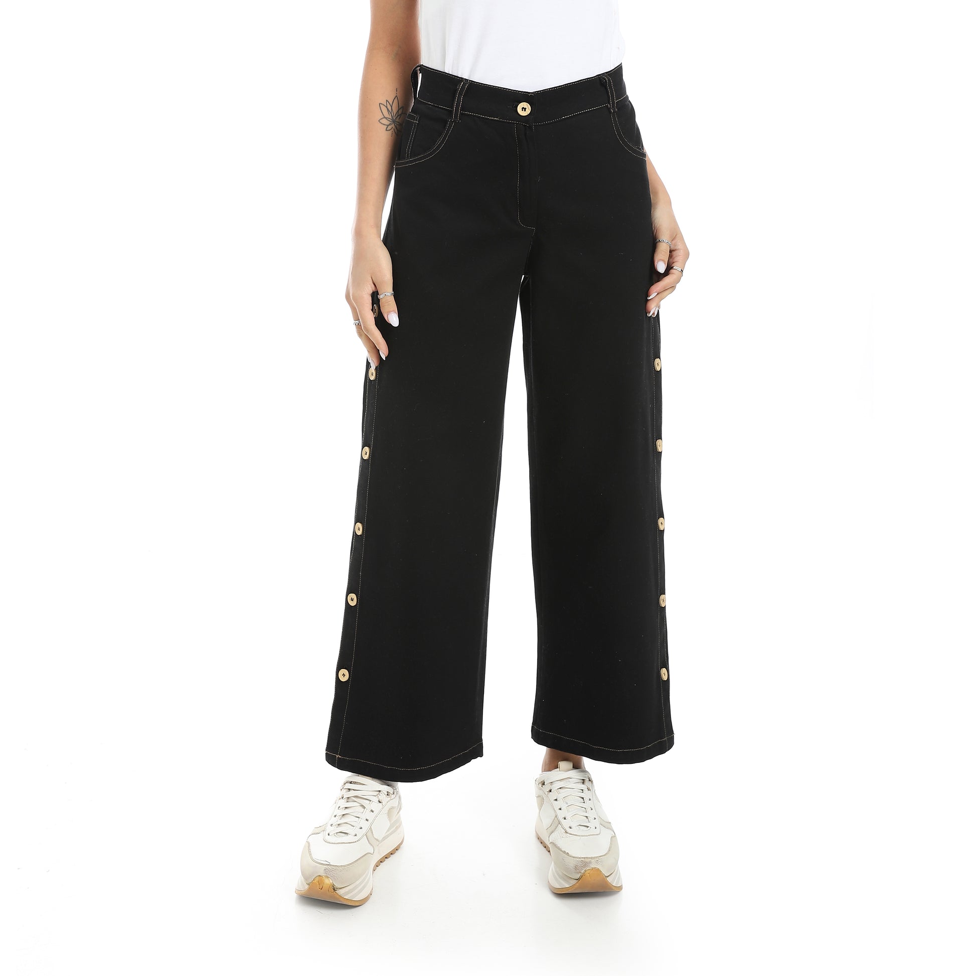 gabardine side buttoned leg pants - Black View 1