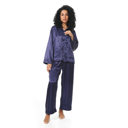 long sleeve satin pyjama - Navy View 1