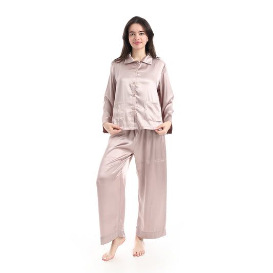 long sleeve satin pyjama - Beige View 1