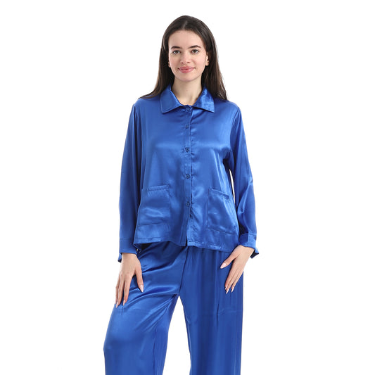 long sleeve satin pyjama - Royal Blue View 1