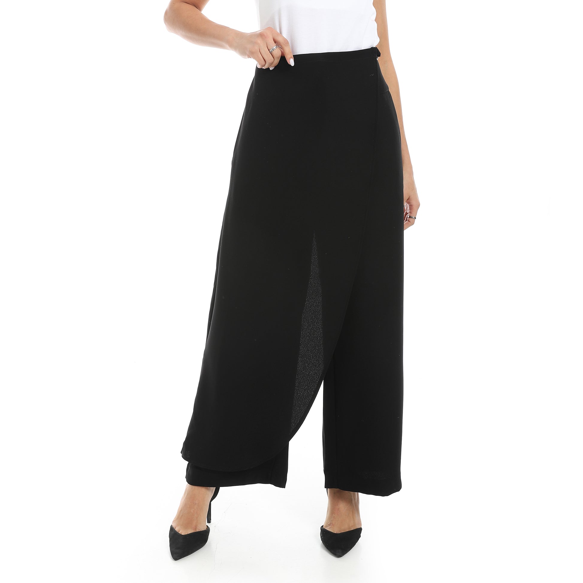 wide leg 1/2 wrapped pants - Black View 1